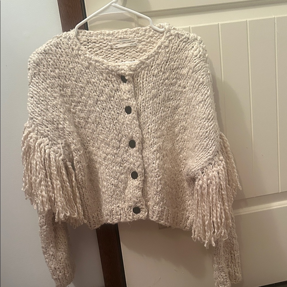 Anthropologie Ivory Fringe Chunky Button Cardigan